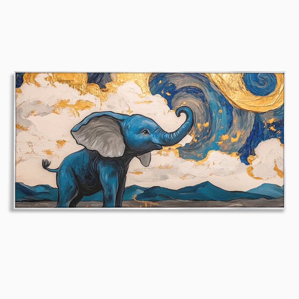 Tablou canvas cu tablou canvas cu elefant albastru, in rama de aluminiu argintiu